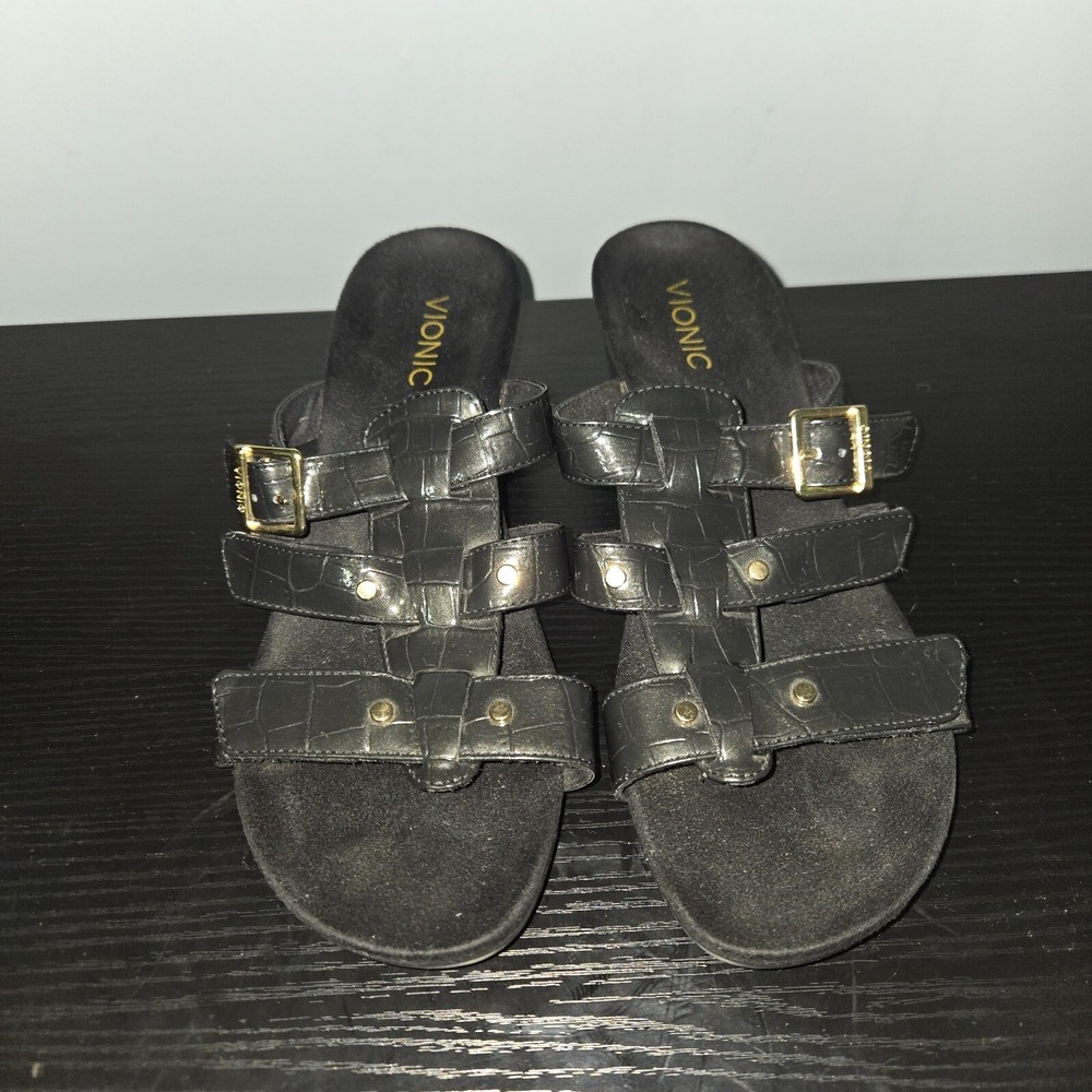 Vionic Radia Wedge Sandals Women Sz 9 Black Patent Croco Triple Strap Slide NWOB